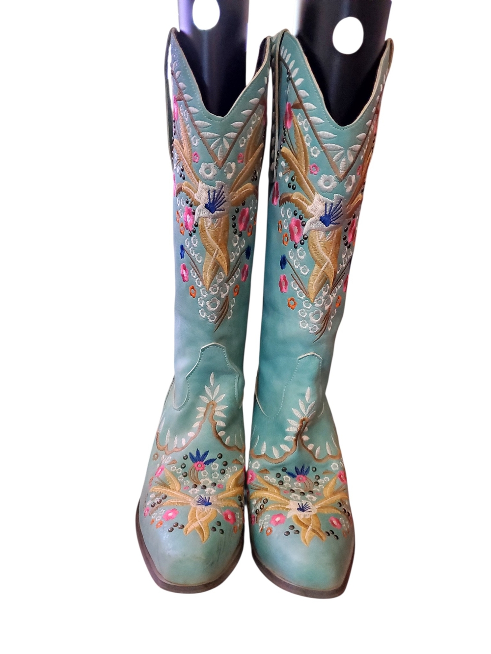 Turquoise Embroidered Western Heeled Boots - Picture 6 of 9